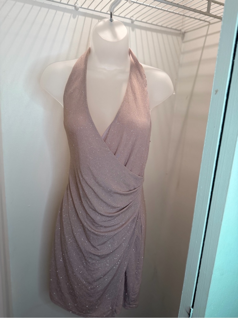 City Studio Sparkle Halter Wrap Mini Dress in Blush